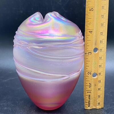 Pink Iridescent Oil Slick Blown Art Glass Vase Paper Weight Levay Studios Signed
