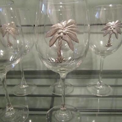 6 Palm Tree Theme Wine Glasses with Wine Charms