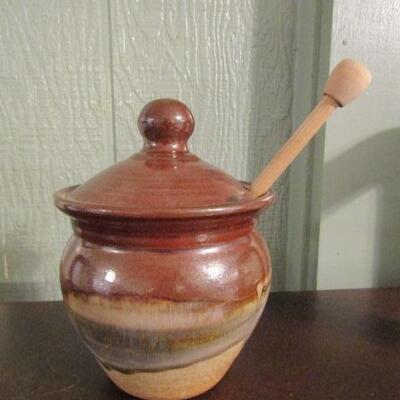 Handmade Honey Jar with Wooden Dipper by Sunset Canyon Pottery