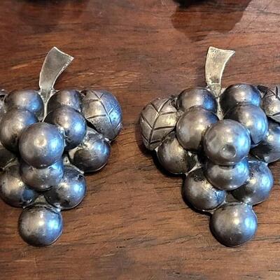 Lot 42: Vintage Pre-1948 Mexican Sterling Grape Screwback Earrings and Matching Brooches