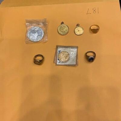 Box L81 - Masonic Ring, Coins, Signet Ring, Years of Service Ring, SC Tricentennial coin (1670-1970)