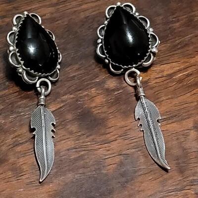 Lot 56: Vintage Black Onyx and Dangle Feather Earrings