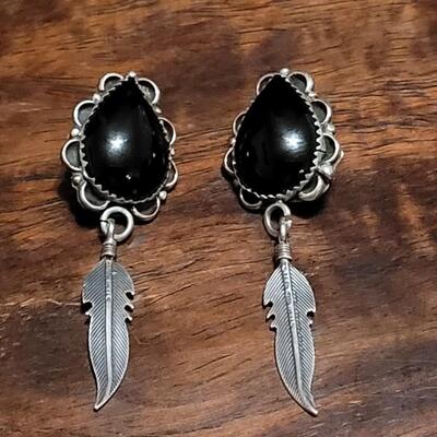 Lot 56: Vintage Black Onyx and Dangle Feather Earrings