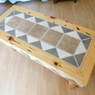 Local Artisan Hand-Crafted Live Wood Log Accent Table with Tile Mosaic Finish Cabin Furniture
