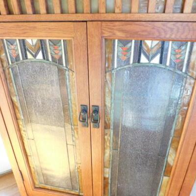 Arts and Crafts Style Double Door Solid Wood Cabinet with Stained Glass Door Panels