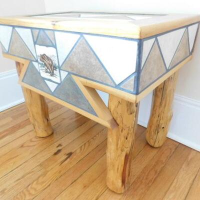 Local Artist Hand-Crafted Live Log Wood Side Table with Ceramic Tile Mosiac Accent