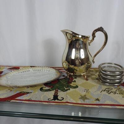 Silver-plate pitcher & coasters