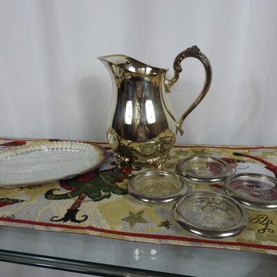 Silver-plate pitcher & coasters
