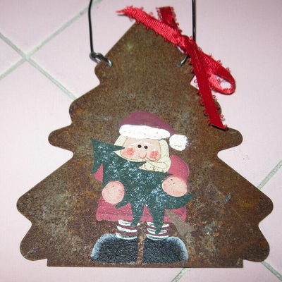 MS 3 Vintage Americana Christmas Ornaments Metal Trees Hand Painted Santa Snowman