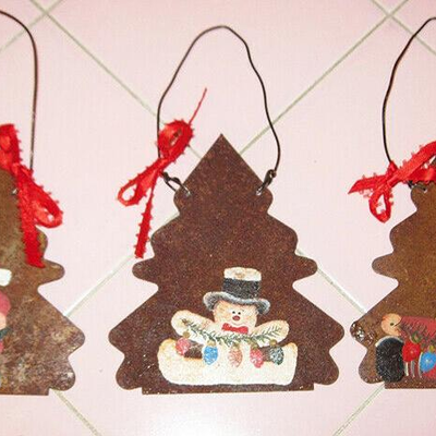 MS 3 Vintage Americana Christmas Ornaments Metal Trees Hand Painted Santa Snowman