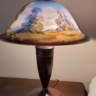 Lot 94: Antique Pairpoint Lamp with a  Reverse Painted Shade by C. Durand