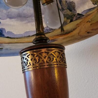 Lot 94: Antique Pairpoint Lamp with a  Reverse Painted Shade by C. Durand