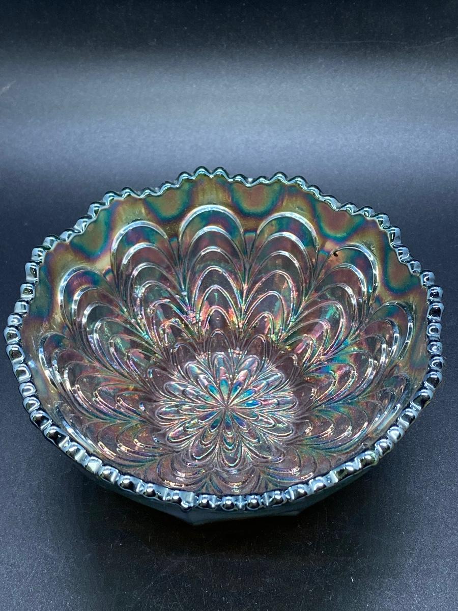 Vintage Dark Green Fenton Peacock Tail Carnival Glass Candy Dish Bowl |  EstateSales.org