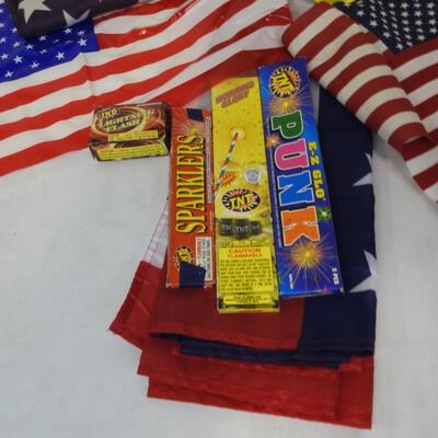 American Themed Lot: Flags, Dog Serving Platter, Star Basket, Fireworks