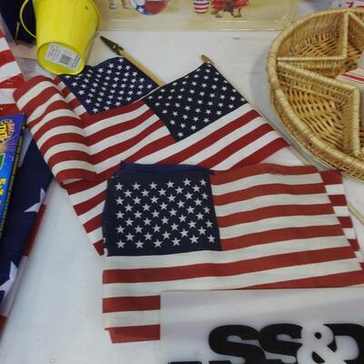 American Themed Lot: Flags, Dog Serving Platter, Star Basket, Fireworks