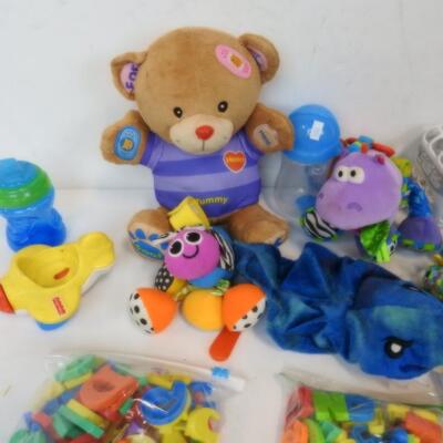 Kid Toy Lot: Stuffed Animal Bear, Shark, Magnet Letters, Small Utensils