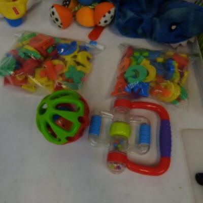Kid Toy Lot: Stuffed Animal Bear, Shark, Magnet Letters, Small Utensils