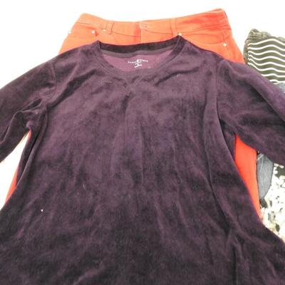 Black Levi Jean Shorts, Red Pants, Red Shirt, Purple Sweater, Blouse