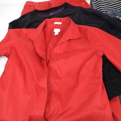 Black Levi Jean Shorts, Red Pants, Red Shirt, Purple Sweater, Blouse