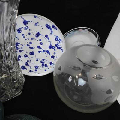 Glassware: 2 Vases, 7 Plates, 3 Bowls, 2 Candle Bowls,