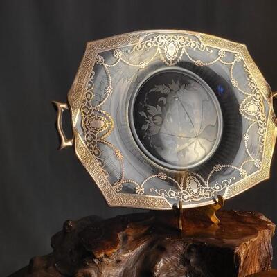 Lot 136: Antique Sterling Silver Inlay and Glass Fancy Serving Tray