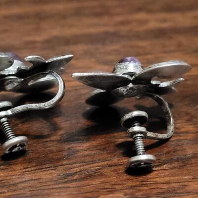 Lot 145: Navajo Sterling Squash Blossom Dangle Earrings and Mexican Pre-1948 Sterling & Amethyst Screwback Earrings