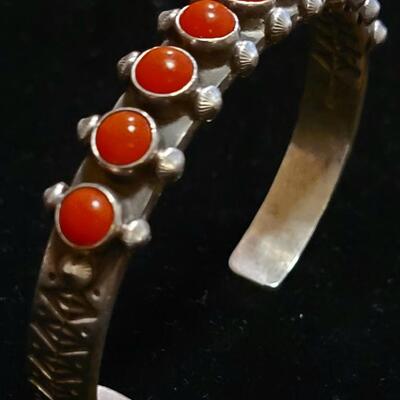 Lot 153: Navajo Sterling & Coral Stamped Cuff Bracelet