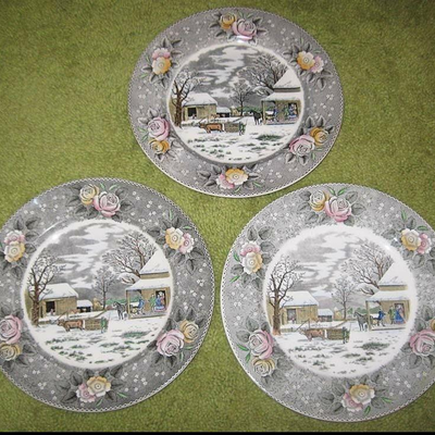 MS 3 Vintage Dinner Plates Adams England Home to Thanksgiving Currier & Ives
