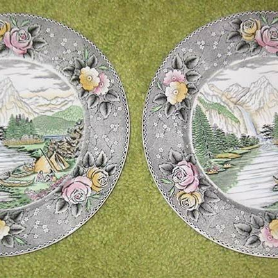 MS Adams China Currier & Ives 2 Dinner Plates Yosemite Valley Bridal Veil Falls Teepee