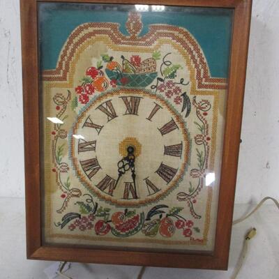 Wooden Shadowbox Clock Needlepoint & Embroidered Face