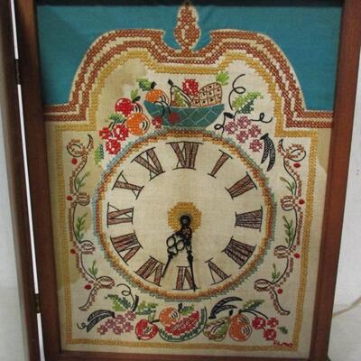 Wooden Shadowbox Clock Needlepoint & Embroidered Face
