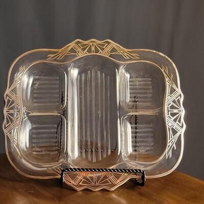 Lot 162: Antique Sterling Silver Inlay Fancy Glass Serving Dish Portioned
