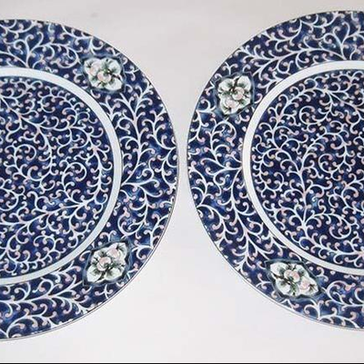 MS 2 Dinner Plates Neiman Marcus Japanese Decoration Cobalt Blue