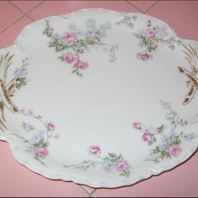 MS Antique Haviland Cake Serving Plate France Pink Roses Gold Trim