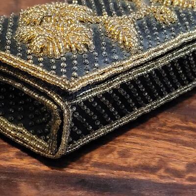 Lot 177: Vintage Black Sateen and Gold Beaded Handbag