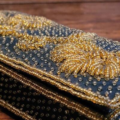 Lot 177: Vintage Black Sateen and Gold Beaded Handbag