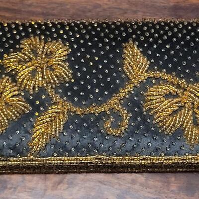 Lot 177: Vintage Black Sateen and Gold Beaded Handbag