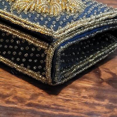 Lot 177: Vintage Black Sateen and Gold Beaded Handbag