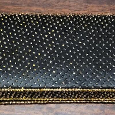 Lot 177: Vintage Black Sateen and Gold Beaded Handbag