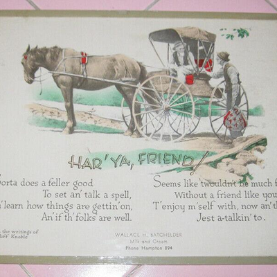 MS Framed Motto "Har'Ya Friend" Gift From Batchelder Milk & Cream Horse Buggy