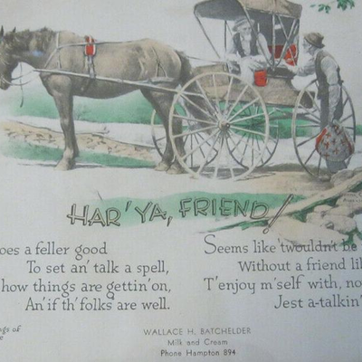 MS Framed Motto "Har'Ya Friend" Gift From Batchelder Milk & Cream Horse Buggy