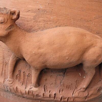 Lot 201: Vintage Large Terracotta Vase with a Cow