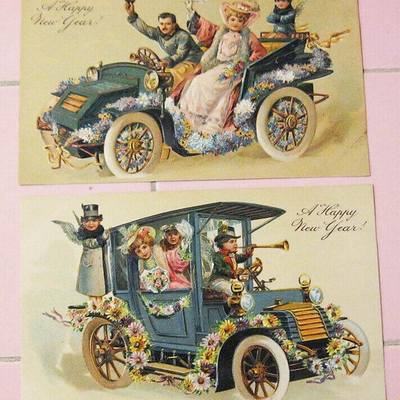 MS 2 Victorian Embossed Postcards Happy New Year Old Cars Garlands