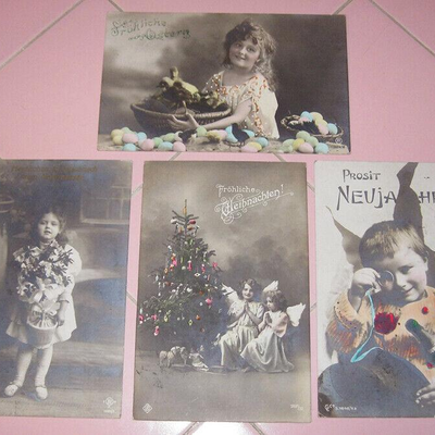 MS 4 Real Photo Postcards Germany Christmas New Year Easter Hand Colored