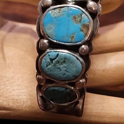 Lot 245: Old Pawn Navajo Sterling Stamped Turquoise Cuff Bracelet
