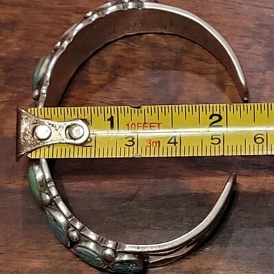 Lot 245: Old Pawn Navajo Sterling Stamped Turquoise Cuff Bracelet