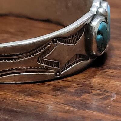 Lot 245: Old Pawn Navajo Sterling Stamped Turquoise Cuff Bracelet