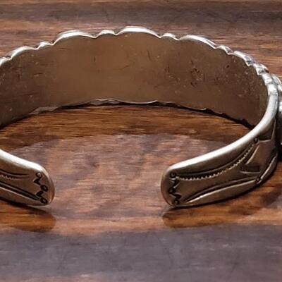 Lot 245: Old Pawn Navajo Sterling Stamped Turquoise Cuff Bracelet