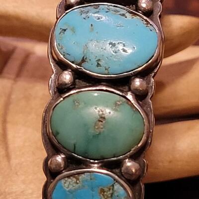 Lot 245: Old Pawn Navajo Sterling Stamped Turquoise Cuff Bracelet