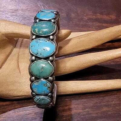 Lot 245: Old Pawn Navajo Sterling Stamped Turquoise Cuff Bracelet